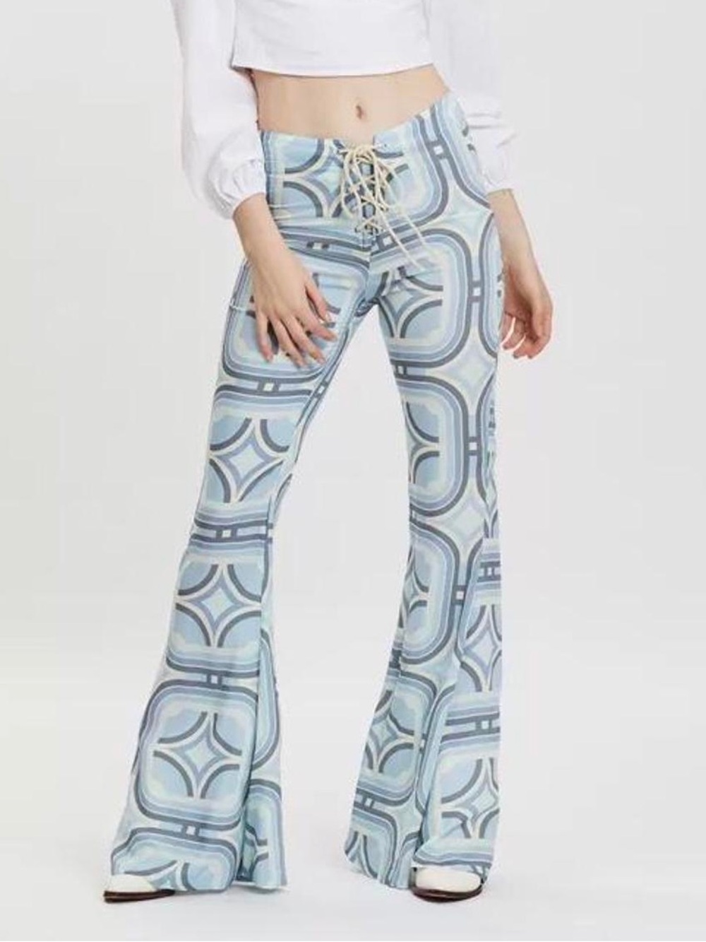 Lenni The Label Blue & White Geometric Jimi Wide Flare Leg Retro Pants XS